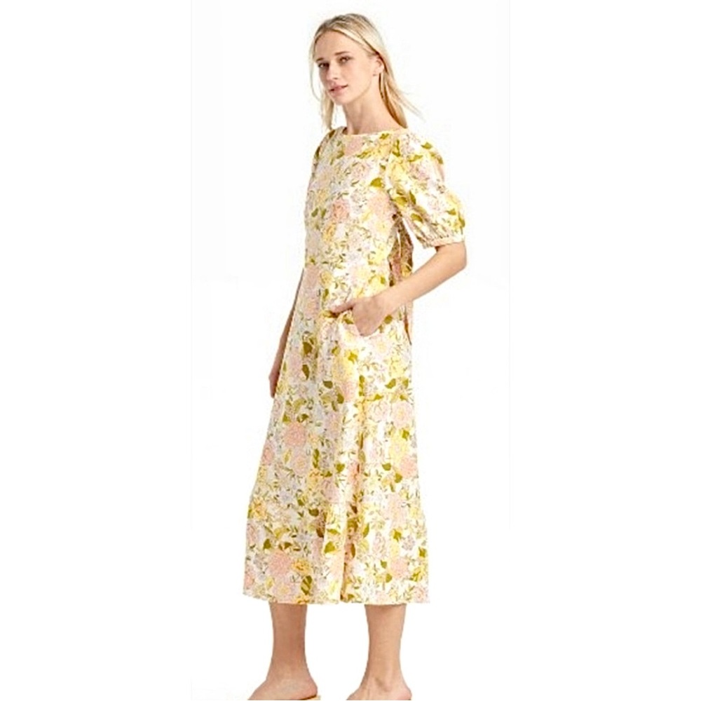 Last One Linen Floral Print Tie Back Midi Dress With Puff Sleeves & Side Pockets - Picture 10 of 11